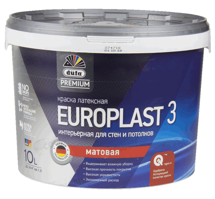 Краска ВД Dufa Premium EUROPLAST 3 интерьерная (база 1) 10л